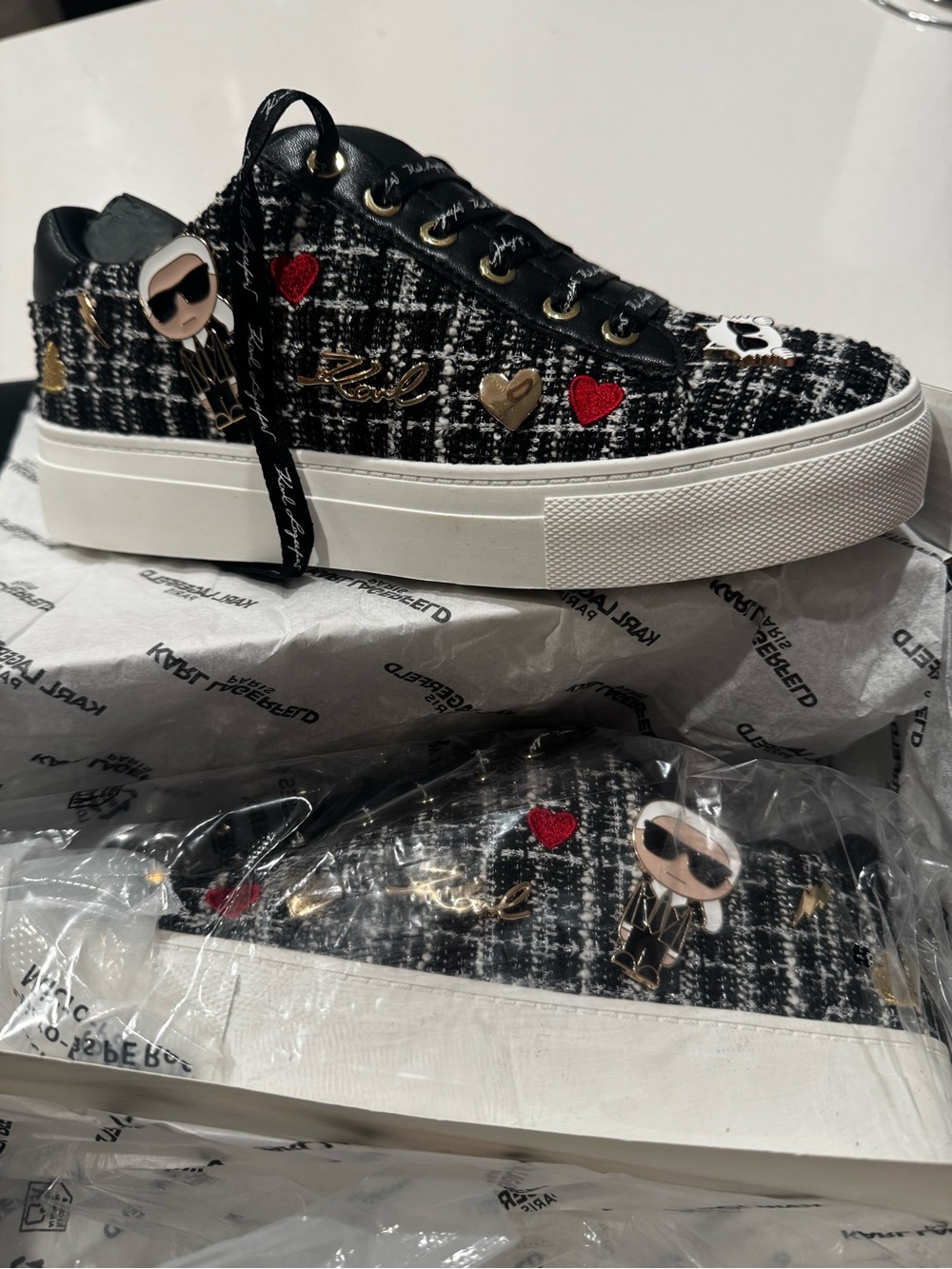 Karl Lagerfeld Black Tweed Platform Sneakers with Red & Gold Heart Accents